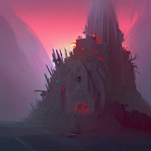 Image similar to concept art of a post - apocalypti ruined monastery at the top of a mountain, grimy, gritty, trending on artstation, award winning painting, cgi, art by anton fadeev and john howe and guy denning and filip hodas