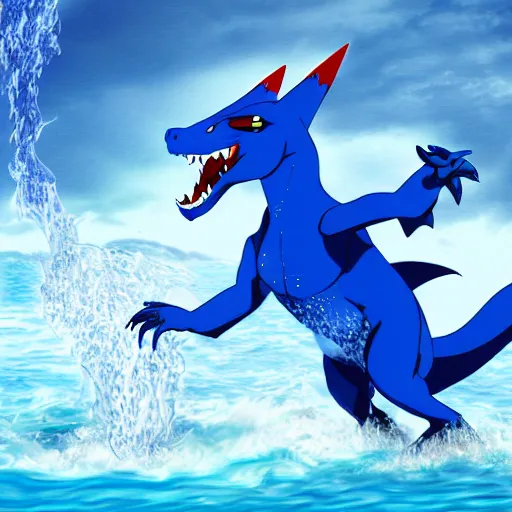 Image similar to a blue Charizard with water powers, digital art, realistic,ocean background