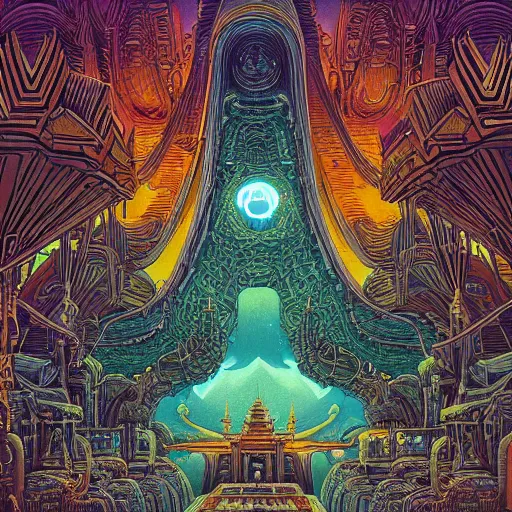 Image similar to highly detailed illustration of a temple on a strange planet, juxtapoz magazine, moebius, kilian eng, behance, deviant art, thomas rome