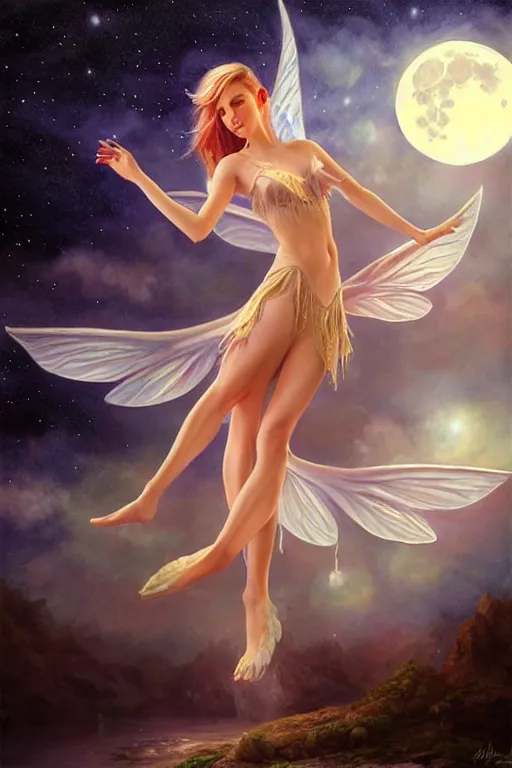 Image similar to attractive fairy magically floating high in the night, fantasy, full moon in background. highly detailed painting by artgerm, mid shot, 8 k