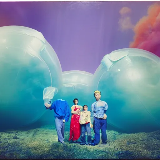 Image similar to film photography of a nuclear family in a zorb ball floating in front of colourful underwater clouds by Kim Keever, low shutter speed, 35mm