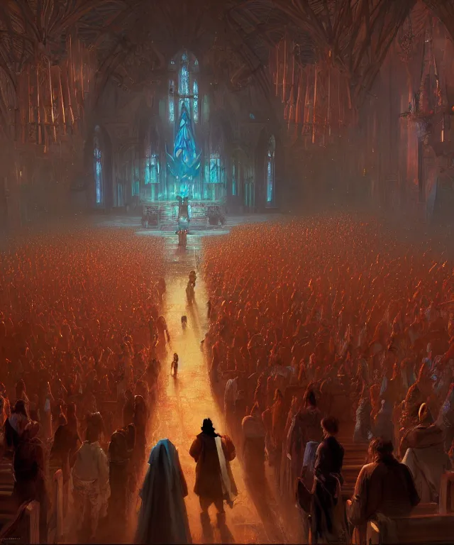 Prompt: fantasy movie scene craig mullins and ghibli and james gurney digital matte painting of a crowd in a futuristic church, strong contrast, priest, pews, ethereal, inviting, bright, raking light, unreal engine, hyper realism, realistic shading, cinematic composition, blender render, octane render, hdr, detailed textures, photorealistic, wide shot