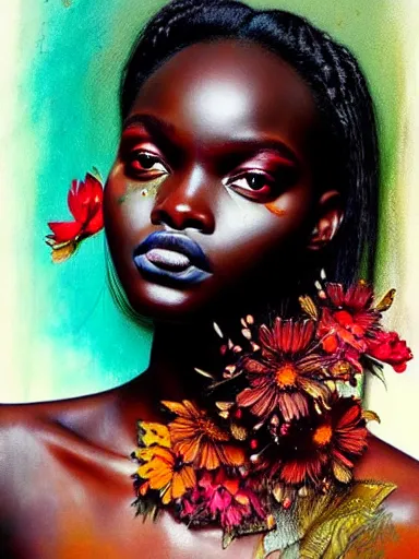 Image similar to portrait of duckie thot with a floral background : : painted by artgerm, karol bak, artur bordalo, sandra chevrier : : portrait, character, illustration, hyperrealism, photorealism,