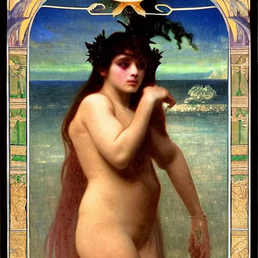 Image similar to Demon Girl at the palace, refracted sparkles, thunderstorm, greek pool, beach and Tropical vegetation on the background major arcana sky, by paul delaroche, alphonse mucha and arnold böcklin, hyperrealistic 8k, award-winning, very very very detailed