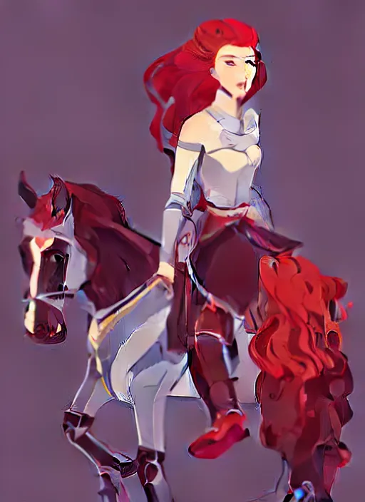 Image similar to a young woman in full plate armor with beautiful hair and red lips on a horse. she is a knight. clean cel shaded vector art. shutterstock. behance hd by lois van baarle, artgerm, helen huang, by makoto shinkai and ilya kuvshinov, rossdraws, illustration, art by ilya kuvshinov