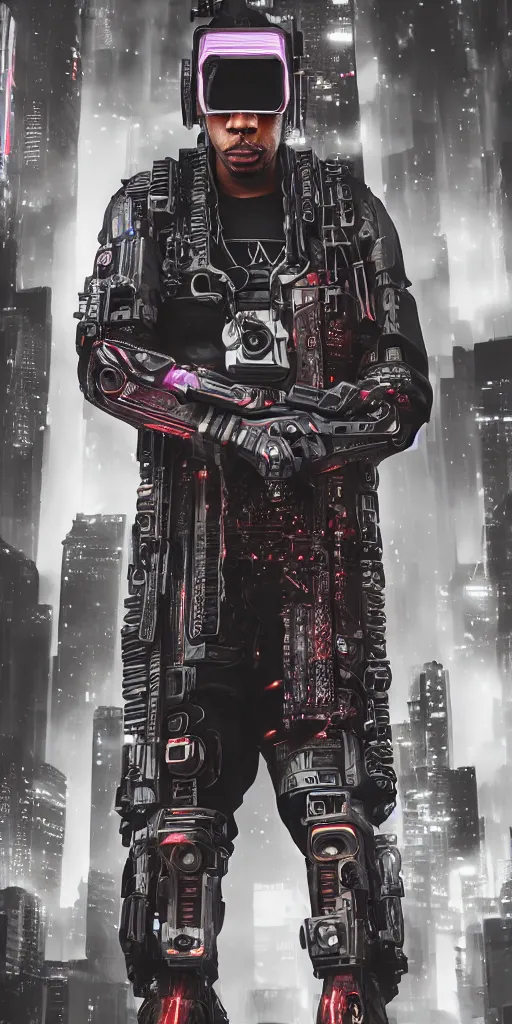 Image similar to hero angle of cyberpunk Ludacris, highly detailed, sharp focus, cyberpunk style, cyborg, futuristic, 8k, 35mm, cinematic lighting