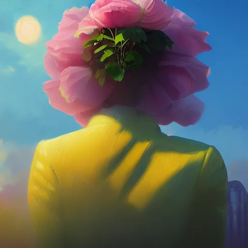 Image similar to closeup, giant rose flower head, frontal, girl in a suit, surreal photography, sunrise, dramatic light, impressionist painting, digital painting, artstation, simon stalenhag