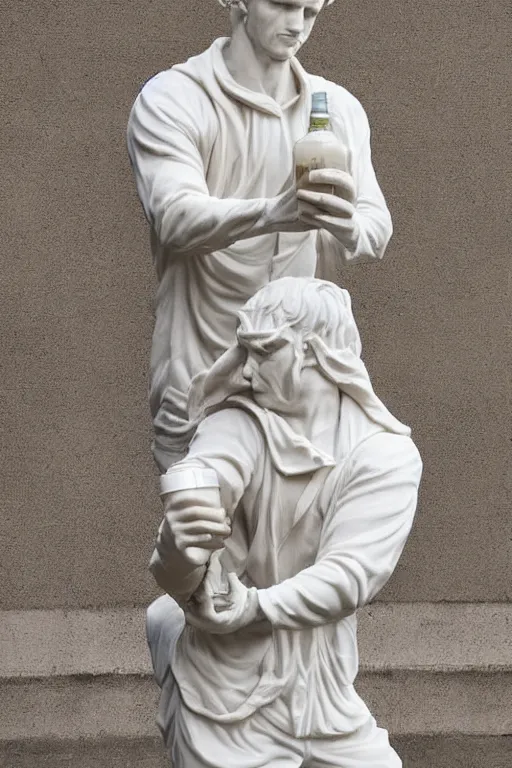 Prompt: marble sculpture of man in Adidas jacket sportswear holding a beer bottle made of marble, intricate sculpture, chiseled muscles, godlike, museum photo