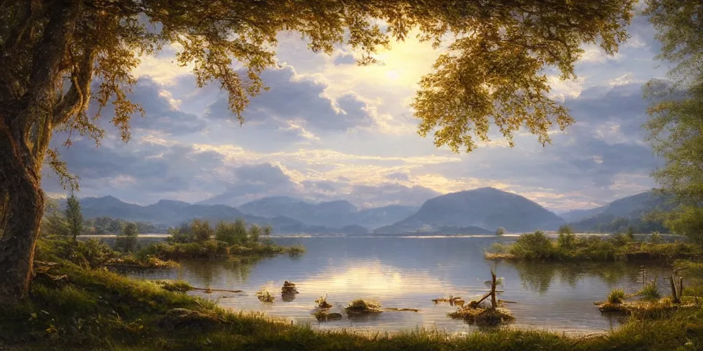 Image similar to a beautiful lake landscape in summer, by Ernest deutsch + Ted Nasmith, cinematic lighting, masterpiece, highly detailed, 8k resolution, trending on art station