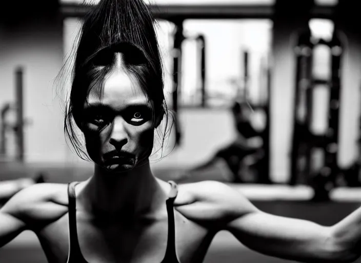 Prompt: mid shot portrait of a woman in fitness gym, in the style of David cronenberg ,scary, weird, high fashion, ID magazine, vogue magazine, homes and garden magazine, surprising, freaky, freak show, realistic, sharp focus, 8k high definition, medium format film photography, photo realistic, insanely detailed, intricate, elegant, art by yoshitaka amano and David kostic and stanley lau and artgerm