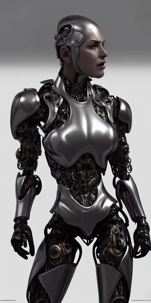 Image similar to hyper realistic symbiosis, kim kadarshian as female cyborg, glossy material surface, body armour, octane render, 4 k, volumtric lights