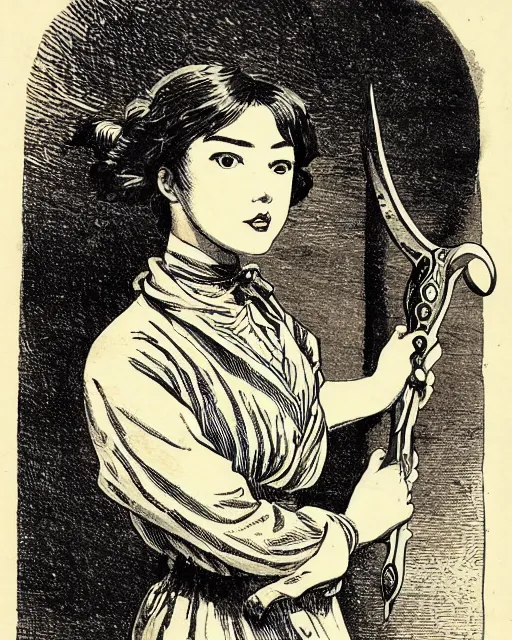 Prompt: 19th century wood-engraving of Ryūko Matoi cosplayer holding Scissor Blade, whole page illustration from Jules Verne book, art by Édouard Riou Jules Férat and Henri de Montaut, frontal portrait, high quality, beautiful, highly detailed, removed watermarks