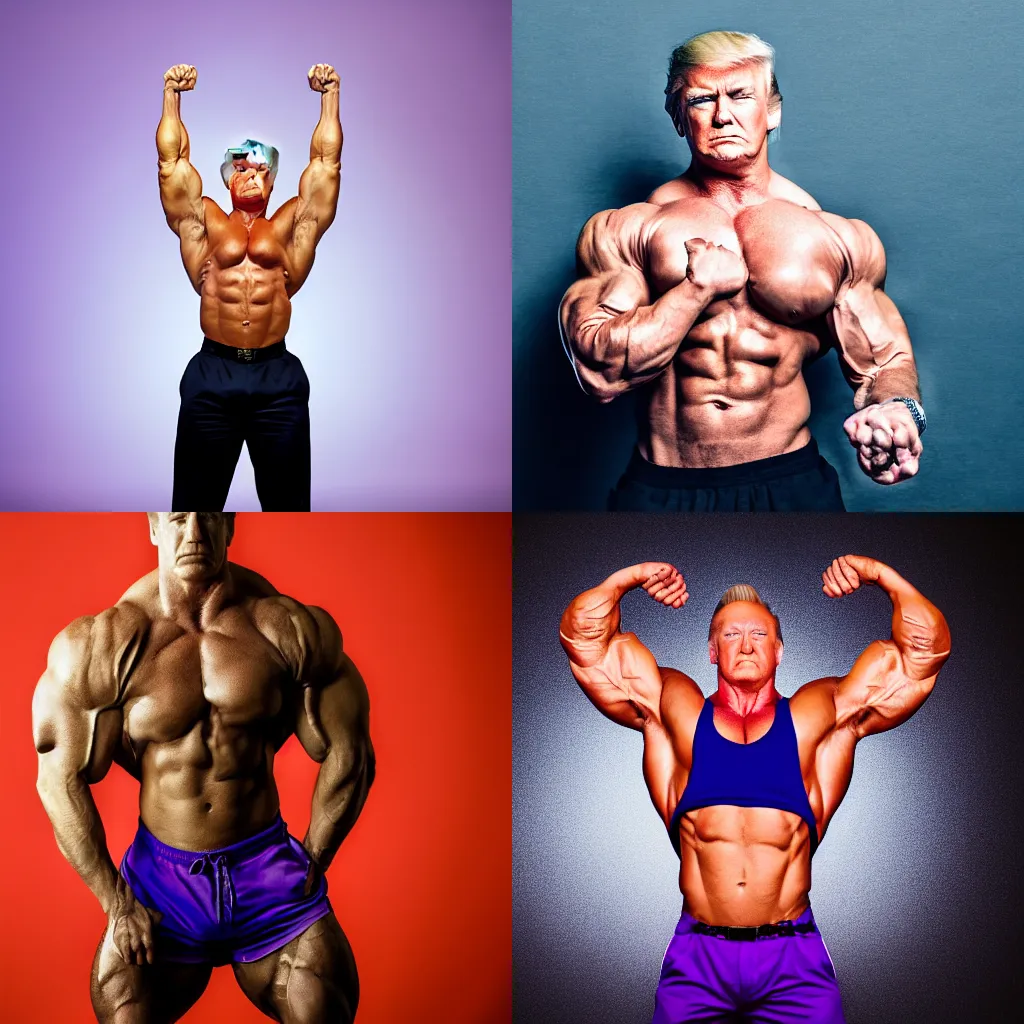 Prompt: artsy portrait photo of body builder donald trump posing while looking down, subtle arm flex, ripped, huge muscles, studio lighting, lavender purple background, professional photo, sharp focus, 4 k, highly detailed