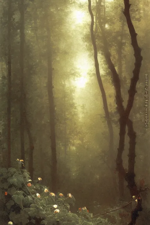 Image similar to moody painting of purple morning glory flowers vining and growing in a forest dimly lit at night. foggy volumetric darkness, muted colour palette oil painting on canvas william - adolphe bouguereau