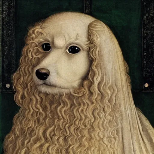 Image similar to portrait of a white labrododdle dog with curly white fur as an italian queen, painting by botticelli, 1 4 8 0 s