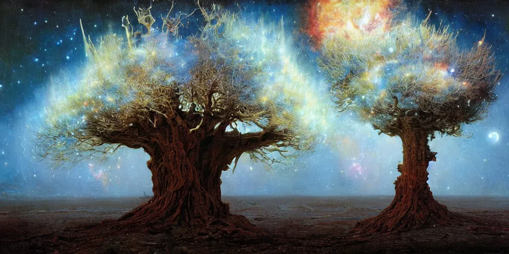 Prompt: supernova, giant tree made from asteroids flying in space, stars, planets, small spaceships, painted by steve mccurry, ruan jia, raymond swanland, lawrence alma tadema, zdzislaw beksinski, norman rockwell, jack kirby, tom lovell, alex malveda, greg staples