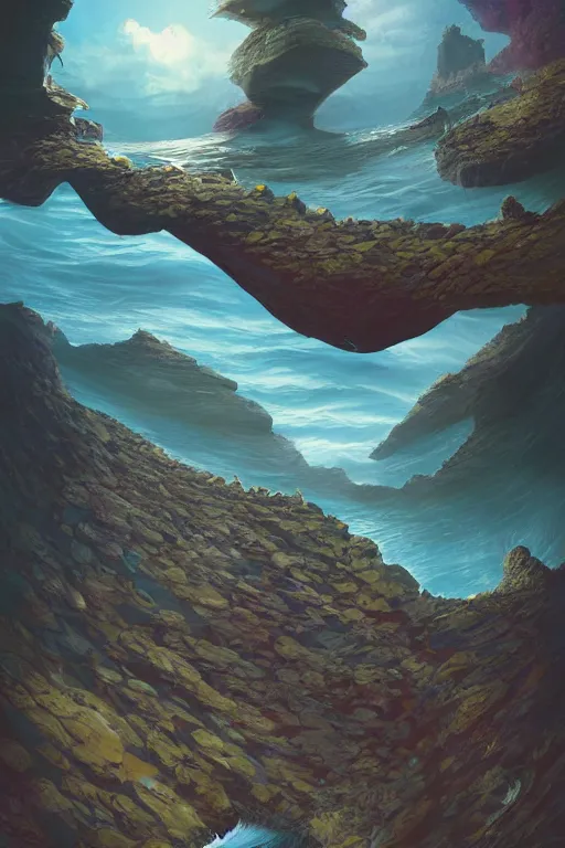 Image similar to fish cliffs, art by matt jefferies and joe doolin, trending on artstation, atmospheric fish eye modernism, realism, film poster, character design, diptych