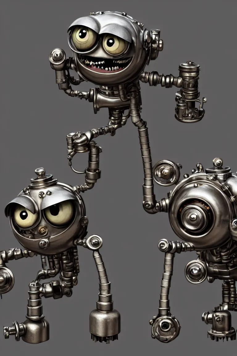 Prompt: a tiny cute dieselpunk monster with silver pistons and belts and camshaft pulley and big eyes smiling and waving, back view, isometric 3d, ultra hd, character design by Mark Ryden and Pixar and Hayao Miyazaki, unreal 5, DAZ, hyperrealistic, Cycles4D render, Arnold render, Blender Render, cosplay, RPG portrait, dynamic lighting, intricate detail, summer vibrancy, cinematic, centered, focused, sharp