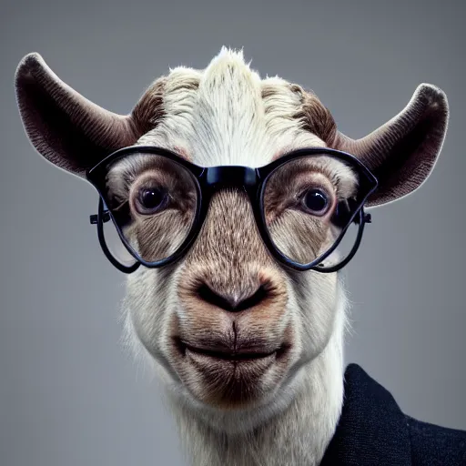 Prompt: front portrait of a smart goat in a suit wearing glasses hd, high resolution, annie leibovitz