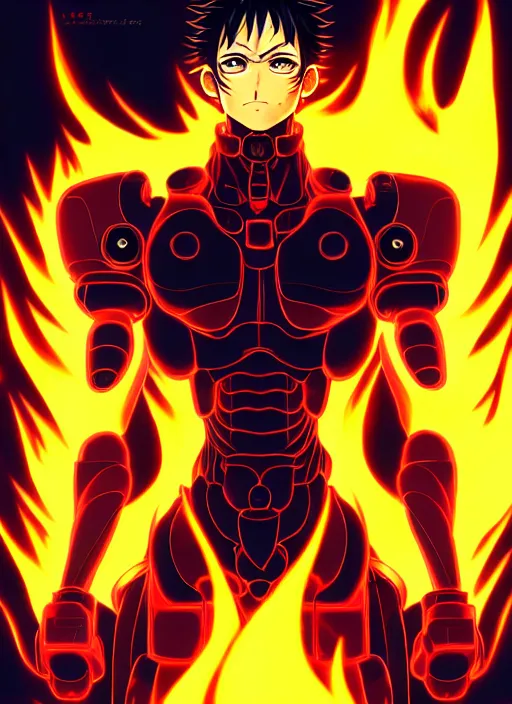 Image similar to a detailed manga full body portrait illustration of a dark haired cyborg anime man surrounded by fire by hirohiko araki, detailed artwork, realism, 4 k resolution, detailed, high quality, sharp focus, hq artwork, insane detail, volumetric lighting, character concept art, fine details, clear subject, central subject