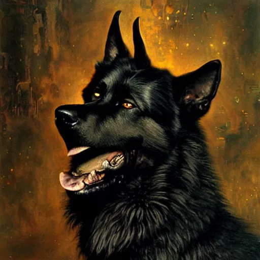 Prompt: a portrait of a black german shepard dogman canine neuromancer with human eyes furious angry holding computer console. shadowrun cyberpunk fantasy d & d highly detailed painting by gaston bussiere craig mullins jc leyendecker gustav klimt artgerm greg rutkowski