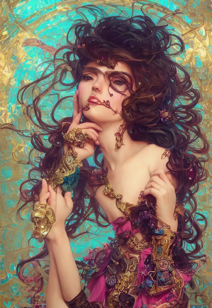 Image similar to beautiful, young woman, detailed gorgeous face, magical, steampunk, vaporwave aesthetic, synthwave, colorful, psychedelic, artstation, concept art, smooth, extremely sharp detail, finely tuned detail, ultra high definition, 8 k, unreal engine 5, ultra sharp focus, illustration, art by artgerm, greg rutkowski and alphonse mucha