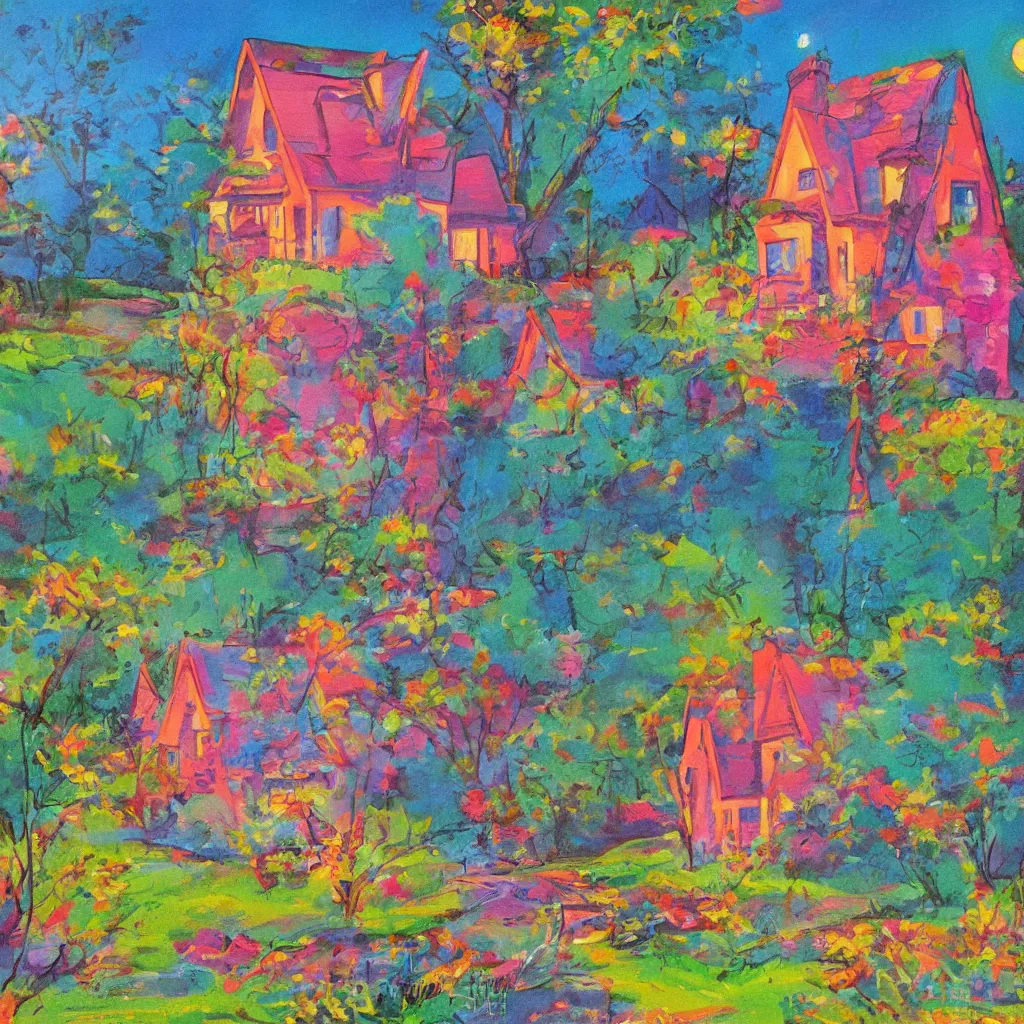 Image similar to beautiful painting of a house in a serene landscape, 60s kitsch and psychedelia