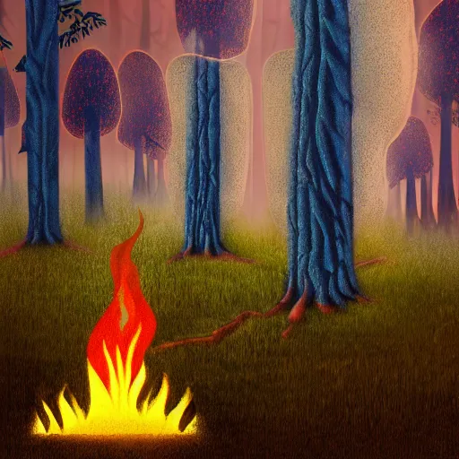 Image similar to mushroom trees viewed from the burning forest floor with a god ray drawn by John Avon