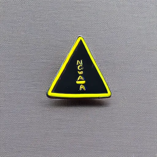 Prompt: a triangle enamel pin depicting a caution warning label, smooth curves