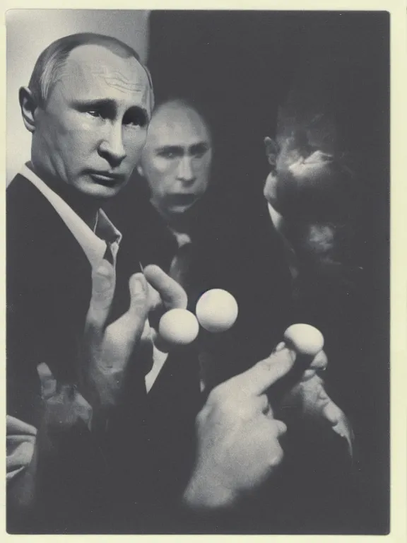 Image similar to Vladimir putin looking at an atomic bomb. polaroid. bleak.