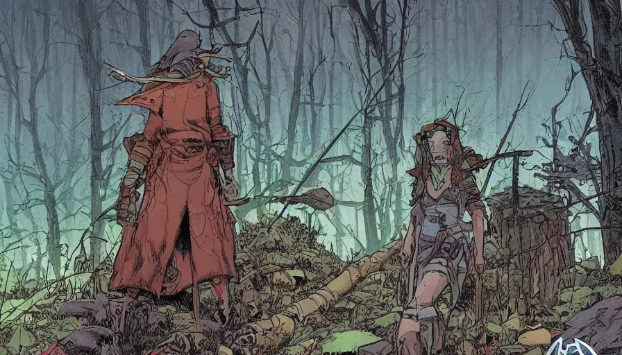 Prompt: ligne claire art of a druid in postapocalyptic city intertwined with nature in the open space, street - level view, by moebius, bright colors, eisner award - winning spread