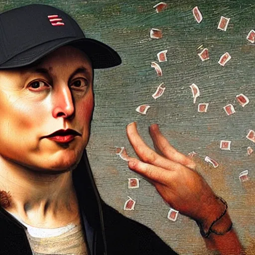 Image similar to ecstatic elon musk wearing a baseball cap backwards throwing money in the air painted by leonardo da vinci.