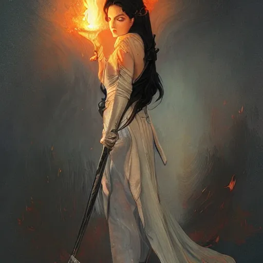 Image similar to portrait, woman with black hair called the lady of ash wielding a sword, elegant, digital illustration, fire magic, detailed, intricate, sharp focus, digital painting, deep focus, digital painting, artstation, concept art, matte, art by artgerm and greg rutkowski and alphonse mucha