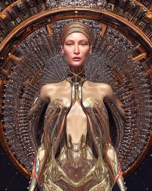 Image similar to a highly detailed metahuman 4 k close up render of an alien goddess bella hadid monument renaissance in iris van herpen dress schiaparelli in diamonds crystals swarovski and jewelry iridescent in style of alphonse mucha gustav klimt trending on artstation made in unreal engine 4