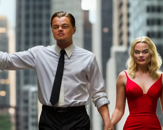 Image similar to leonardo dicaprio as the wolf of wall street holding hands with margot robbie, cinamtic, hyper detailed, 8 5 mm photograph, 8 k resolution, film still, sharp lens, wide lens