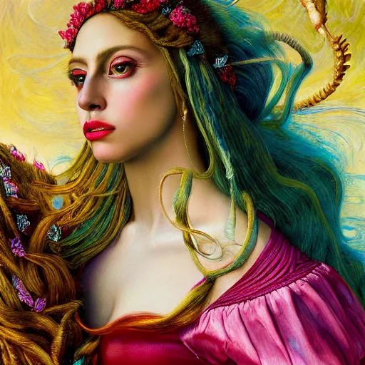 Image similar to photo realistic, hyper realism, lady gaga artpop act ii album, intricate detail, hyper detail, gaston bussiere, sandro botticelli style, with neon aqua rapunzel dreadlocks, detailed, masterpiece, sharp focus,