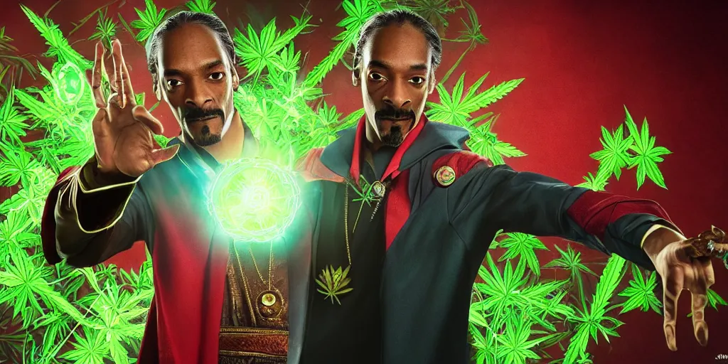 Prompt: snoop dogg as the doctor strange, marijuana leaves, green light, highly detailed, marvel cinematic universe, mcu, photo