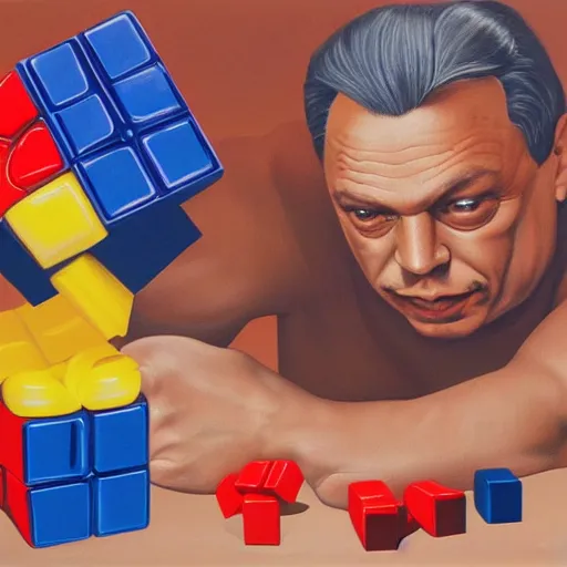 Image similar to portrait of viktor orban in shorts playing with a rubik's cube, confused face, highly detailed illustration by boris vallejo, airbrush painting