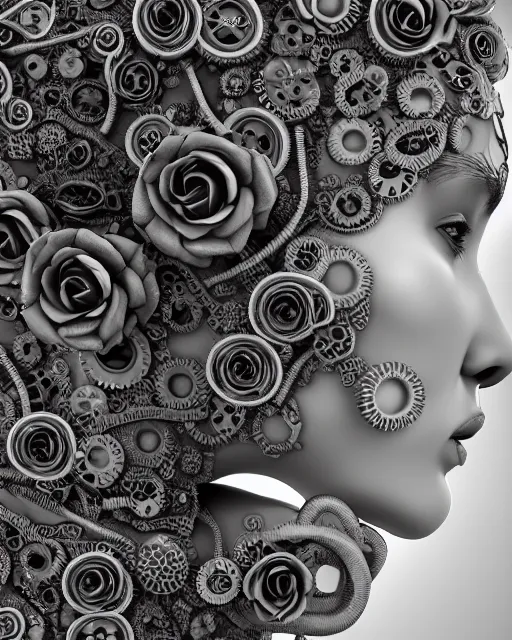 Image similar to mythical dreamy black and white organic bio-mechanical spinal ribbed profile face portrait detail of translucent steampunk beautiful female angelic-human-queen-vegetal-cyborg, highly detailed, intricate trnaslucent ivy jelly ornate, poetic, translucent roses ornate, 3D render, digital art, octane render, 8K artistic photography, photo-realistic, by Dora Maar