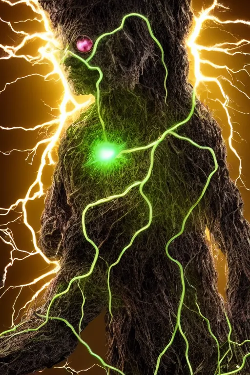 Prompt: high resolution photo of a humanlike creature bundled in electronic wires, overgrown, sparks, electricity, sun beams, rocks, devices, slime, tree roots, veins, lightning, big muscles, sweat, slime, troll, grown together, god rays, dark, skin, plastic wrap,