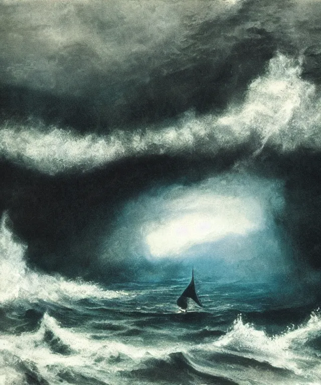 Image similar to ultra realistic color photo of a 1 9 2 5 seiner sailing with the jamaican shoreline with the mouth of a sea cave at the waterline, dark, painted, brooding, atmospheric, seascape, lovecraft, horror, smooth, epic, highly detailed, cinematic, annie lebowitz