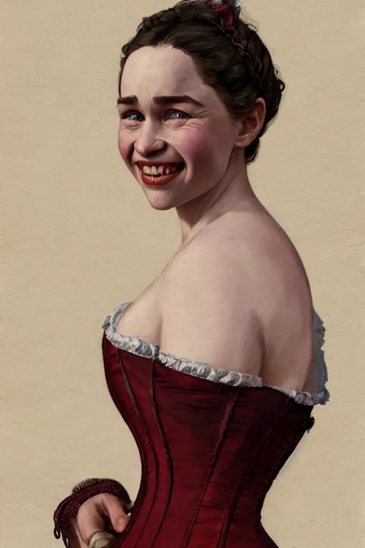 Image similar to Emilia Clarke smiling warmly in a 1800s American Corset in Red Dead Redemption anatomy, detailed face, only two hands, highly detailed, digital painting, artstation, concept art, smooth, sharp focus, illustration, Unreal Engine 5, 8K, art by art by artgerm and greg rutkowski and edgar maxence