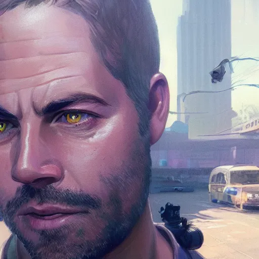 Image similar to highly detailed portrait, paul walker, in gta v, stephen bliss, unreal engine, fantasy art by greg rutkowski, loish, rhads, ferdinand knab, makoto shinkai and lois van baarle, ilya kuvshinov, rossdraws, tom bagshaw, global illumination, radiant light, detailed and intricate environment