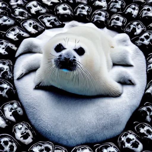 Image similar to a baby harp seal lying on a throne of skulls, dark and ominous, backlight, 4k