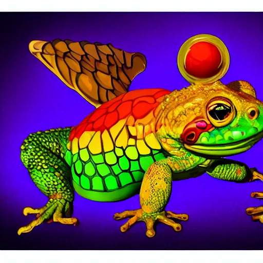 Image similar to toad with wings front view, Across holding a hand, rainbow reptile front view, Across holding a hand, golden lizard front view, trio, artstation, concept art, master illustration, details, good clear quality, fun - w 704