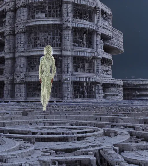 Image similar to tarkovsky greatest scene, the ancient destroyed majestic tower of babylon, woman in futuristic cyber clothing, transparent puffer jacket, hyper realistic, blockchain, cyber world, ambient lighting, concept art, intricate, hyper detailed, smooth, dynamic volumetric lighting, octane, ray trace, cinematic, high quality, high resolution, 4 k, cgsociety