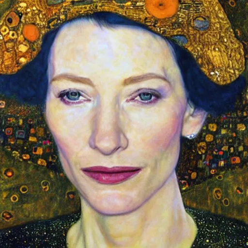 Prompt: “portrait of Cate Blanchett, by Gustav Klimt, by Del Kathryn Barton, hyper detailed, 4K, very beautiful”