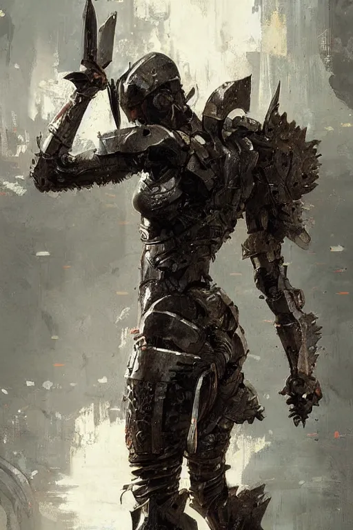 Prompt: full body girl metal armor painting by greg rutkowski