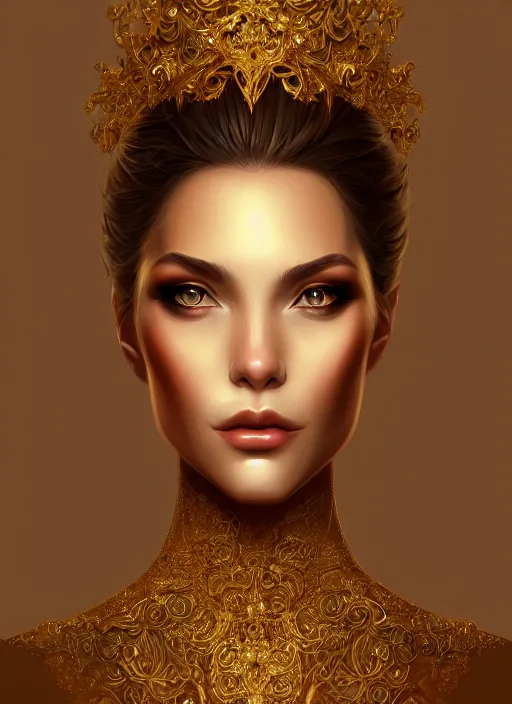 Prompt: portrait of female, gold, intricate, elegant, highly detailed, digital painting, artstation, concept art, smooth, sharp focus, illustration