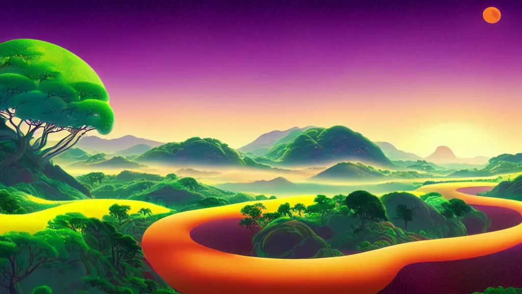 Image similar to digital painting of a lush sinuous river valley by. river. sunset. no mans sky. chiho aoshima. digital render. detailed. beautiful landscape.